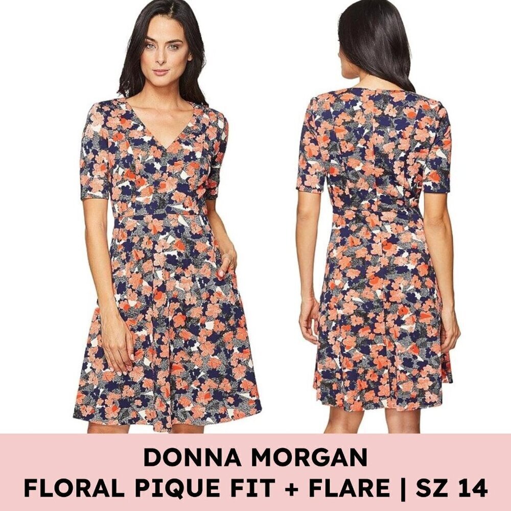 Donna Morgan Piqué Floral Fit & Flare Dress Navy Coral Size 14 Cocktail Wedding - Picture 10 of 13